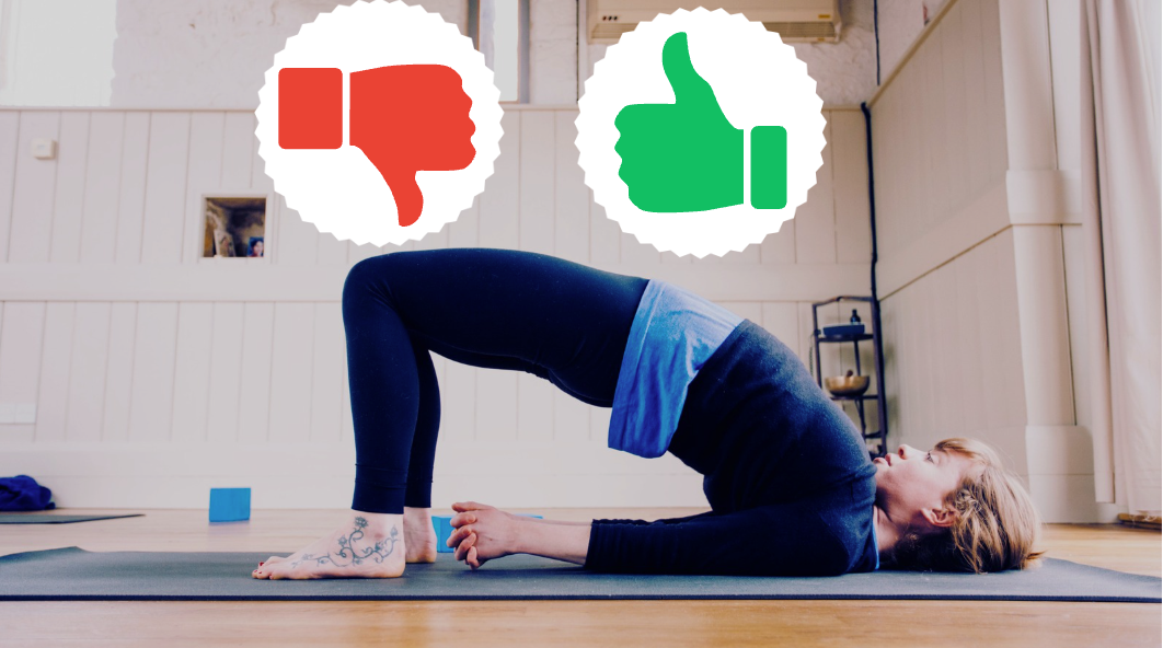 Image of woman practicing Bridge Pose on yoga mat with illustrated thumbs up in green and thumbs down in red above her.